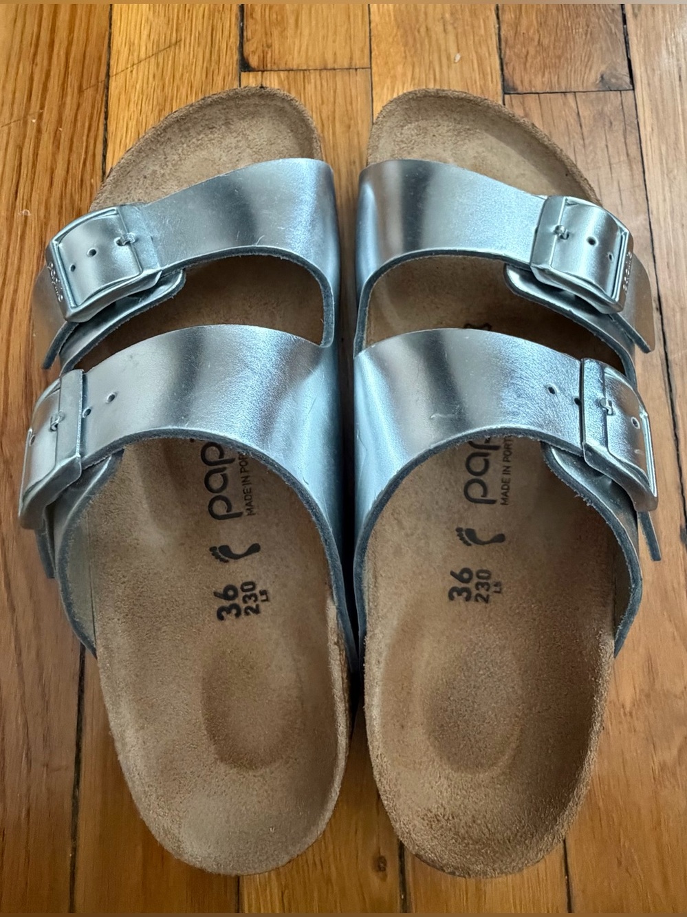 Birkenstock 2” platform Papillio Metallic Silver Double Strap Sandals
